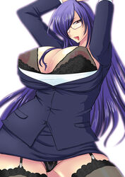 arms_up black_bra black_legwear black_thighhighs blue_skirt bra breasts cleavage female garter_straps glasses huge_breasts ibuki_rinji leaning long_hair milf miniskirt nipples original panties pubic_hair puffy_nipples purple_hair pussy red_eyes see-through short_skirt simple_background skirt solo standing stockings thighhighs tongue uncensored underwear upskirt white_background