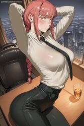 1girl ai_generated arms_behind_head arms_up bangs black_neckwear black_pants blush braid braided_ponytail breasts business_suit chainsaw_man collared_shirt hi_res high_quality high_resolution large_breasts long_hair long_sleeves looking_at_viewer makima_(chainsaw_man) necktie office_lady pants patreon ringed_eyes savvyraexo seductive sexy shirt shirt_tucked_in sitting solo uncensored watermark white_shirt
