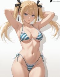 1girl 1girls ai_generated armpits arms_behind_head ass_visible_through_thighs bangs bikini blonde_hair blue_bikini blue_eyes breasts closed_mouth collarbone dead_or_alive frilled_bikini hair_ornament hi_res high_quality high_resolution highres light light_smile lips long_hair looking_at_viewer marie_rose medium_breasts midriff navel nose opal_nemy patreon_logo patreon_url patreon_username plain_background self_upload shadow shiny shiny_clothes shiny_hair shiny_skin simple_background solo standing swimsuit thighs twintails watermark white_background