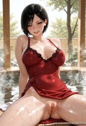 1girl ada_wong ai_generated black_hair blush breasts brown_eyes collarbone covered_navel covered_nipples dress kermixx large_breasts looking_at_viewer no_panties onsen open_mouth outdoors pussy red_dress resident_evil shiny shiny_skin short_hair sitting smile solo spread_legs steam thighs uncensored water wet