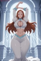 1girl ai_generated areola_slip arms_up bleach blue_eyes breasts cleavage curtains hair_ornament hi_res high_quality high_resolution indoors kiraamane large_breasts long_hair long_skirt looking_at_viewer navel orihime_inoue parted_bangs patreon seductive sexy skirt smile solo uncensored watermark