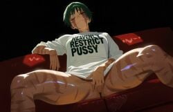 1girl black_background bottomless breasts brown_eyes burn_scar closed_mouth clothes_writing clothing couch covering_crotch covering_privates dark-skinned_female dark_skin english_text enjisd female green_hair jujutsu_kaisen looking_at_viewer multiple_scars naked_shirt no_panties on_couch one_eye_closed pussy pussy_peek scar scar_on_arm scar_on_face scar_on_leg shiny_skin shirt short_hair sitting smile solo spread_legs sweat t-shirt thighs white_shirt zen'in_maki