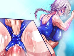 1boy anus blue_eyes blush braid breasts censored clothed_female_nude_male double_penetration female fingering forced_in_fabric highres huge_breasts male_hand mosaic_censoring penis see-through sex shiny shiny_skin silver_hair skin_tight smile swimsuit thick_thighs thighs through_clothes totoya vaginal_penetration wet