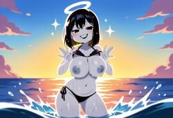 1girls ai_generated alice_angel beach beach_background bendy_and_the_dark_revival bendy_and_the_ink_machine bikini bikini_top bikini_top_lift black_and_white black_bikini black_hair black_lipstick colored_skin grey_nipples halo joey_drew_studios lipstick looking_at_viewer mascot_horror massive_breasts pac-man_eyes partially_underwater pie_cut_eyes short_hair shortstack side_tie_bikini side_tie_bikini_bottom solo wading wet_body wet_hair white_skin