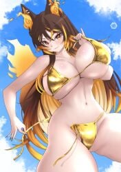 1girl big_breasts breasts female_only hellhound indie_virtual_youtuber massive_breasts removing_swimsuit sinder_(vtuber) solo swimsuit swimsuit_removed virtual_youtuber vtuber wolf_ears