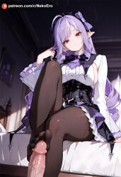 ai_generated black_pantyhose busty foot_fetish footjob frills long_hair pantyhose penis pov purple_hair red_eyes thick_thighs vampire vivian_(zenless_zone_zero) zenless_zone_zero