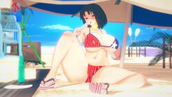 1girls american_flag_bikini beach_background big_breasts cleavage kara_no_kyoukai legs_spread licking_popsicle paracetamolkoi popsicle ryougi_shiki short_hair tongue_out type-moon umbrella voluptuous voluptuous_female