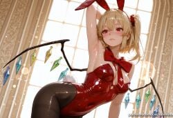 1girl ai_generated animal_ears arm_behind_head arm_up armpits bangs bare_arms bare_shoulders black_pantyhose blonde_hair blush bow bowtie breasts closed_mouth covered_navel cowboy_shot crystal fake_animal_ears fake_tail flandre_scarlet hair_between_eyes hair_ornament hair_scrunchie hairband indoors kermixx leotard light_particles lips looking_at_viewer medium_breasts one_side_up pantyhose playboy_bunny rabbit_ears rabbit_tail red_bow red_bowtie red_eyes red_hairband red_leotard scrunchie shiny shiny_clothes short_hair smile solo strapless strapless_leotard sweat tail touhou window wings
