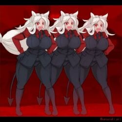 3girls cerberus_(helltaker) dancing hataraki_ari helltaker huge_ass huge_breasts shared_senses suit suit_and_tie tagme thick_thighs video