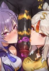 1boy 2girls 2girls1boy ai_generated churlbaitqueen churled dark-skinned_male genshin_impact giant_penis golden_lipstick hilichurls_(species) huge_cock interracial keqing_(genshin_impact) kiss_mark kissing_penis lilac_hair lips lipstick lipstick_mark lipstick_on_penis looking_at_viewer ningguang_(genshin_impact) ntr purple_eyes purple_hair purple_lipstick red_eyes white_hair yellow_lipstick