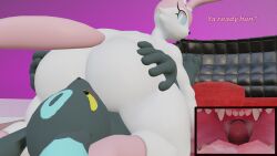 1boy1girl 3d anus anus_close-up dialogue facesitting inside_mouth mouth_open mouth_shot pokemon pokemon_(species) shiny_pokemon sitting_on_another sitting_on_face sitting_on_person sylveon umbreon