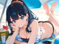 ai_generated barefoot beach beach_ball beach_towel beach_umbrella bikini blue_eyes butt_crack coconut_drink crossed_legs feet feet_up large_ass large_breasts layered_bikini laying_down looking_at_viewer on_stomach parasol phone ponytail resting sand scrunchie sea smile soles ssss.gridman sunscreen takarada_rikka the_pose toes towel