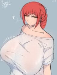 1girls artist_signature bamnoodled big_breasts breasts chainsaw_man huge_breasts large_breasts makima_(chainsaw_man) question_mark shirt smug solo solo_female tied_hair transparent_clothing