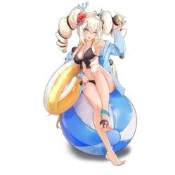 1girl anklet ball_(object) barefoot beach_ball big_breasts bikini black_bikini blonde_hair blush breasts cooking drive_shot feet flower hair_flower hair_ornament hibiscus holding_with_feet hood hoodie horns inflatable jewelry on_ball one_eye_closed pool_ring pool_toy sitting sitting_on_ball sitting_on_beach_ball soles swimsuit toes twintails yellow_eyes