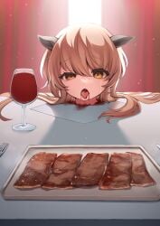 1girl absurdres animal_ears blood blood_stain brown_hair cannibalism commentary_request crying crying_with_eyes_open cup decapitation drinking_glass empty_eyes food guro highres indoors kuzu_shima long_hair looking_at_viewer meat mr._chopped original plate severed_head solo streaming_tears table tears textless_version tongue tongue_out wine_glass