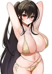 1girl armpits arms_behind_head azur_lane blush breasts closed_mouth female female_only gold_bikini huge_breasts marumai smile solo taihou taihou_(seaside_daydreams)_(azur_lane) thick_thighs wide_hips