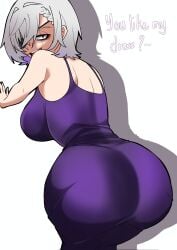 1girl ass ass_focus bent_over breasts dress eyepatch female female_only fully_clothed looking_at_viewer looking_back purple_dress saruei_(vtuber) solo text virtual_youtuber vtuber