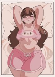 arms_behind_head asian_female brown_eyes brown_hair d.va elidan_art long_hair medium_breasts my_melody on_back on_bed pajamas petite petite_female smile sports_shorts wink