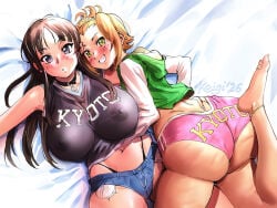 2girls ass barefoot bed black_hair blue_eyes brown_hair female female_only forehead from_behind green_eyes huge_ass huge_breasts k-on! keigi_(artist) long_hair mio_akiyama_(k-on!) nipples ritsu_tainaka_(k-on!) see-through short_hair short_shorts