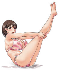 barefoot bb bikini breasts brown_hair curvy erect_nipples feet female female_only fukudahda huge_breasts human large_breasts leg_hug legs legs_up love_plus mole nene_anegasaki solo striped striped_bikini striped_swimsuit swimsuit