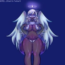 alone angel angel_wings big_ass big_breasts clothing_aside emily_(hazbin_hotel) hazbin_hotel lifting_dress nude_female purple_eyes religion sky white_hair