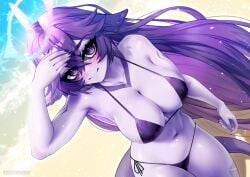 1girls beach bikini indie_virtual_youtuber megalodon_(vtuber) phloxberry purple_hair purple_skin shark_girl shark_tail virtual_youtuber vtuber
