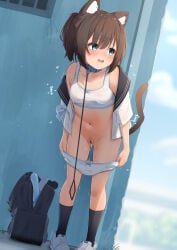 1girl absurdres animal_ear_fluff animal_ears bag bar_censor black_sailor_collar black_socks blue_collar blue_eyes blush bow bow_panties bra breasts brown_hair cat_ears cat_girl cat_tail censored collar commentary_request day dildo dutch_angle exhibitionism highres hinata_(hinnyata) leaning_forward leash looking_to_the_side navel no_pants open_clothes open_mouth open_shirt original outdoors paid_reward_available panties panty_pull public_indecency pulling_own_clothes pussy sailor_collar sailor_shirt school_uniform sex_toy shirt shoes short_hair short_sleeves small_breasts sneakers socks solo standing tail trembling underwear undressing white_bra white_panties white_shirt white_shoes
