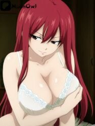 ai_generated bra breasts breasts_bigger_than_torso cleavage erza_scarlet fairy_tail holding_own_breast holding_own_breasts light-skinned_female light_skin lingerie red_eyes red_hair white_bra white_lingerie