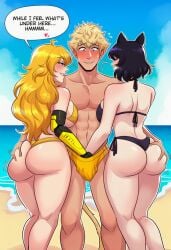 1boy 2girls abs ahoge ai_generated animal_ears ass ass_grab beach bikini black_bikini black_hair blake_belladonna blonde_hair blue_eyes blue_sky blush breasts bulge cat_boy cat_ears cat_girl cat_tail clothing crotch_grab day english_text faunus female ffm_threesome flying_sweatdrops girl_sandwich grabbing_another's_ass groping group_sex handjob hetero huge_ass large_breasts long_hair male male_swimwear mechanical_arms multiple_girls muscular muscular_male ocean outdoors prosthesis prosthetic_arm purple_eyes rwby sand sandwiched short_hair side-tie_bikini_bottom single_mechanical_arm sky smile speech_bubble sun_wukong_(rwby) swim_trunks swimsuit tail thick_thighs thighs threesome topless_male water yang_xiao_long yellow_bikini