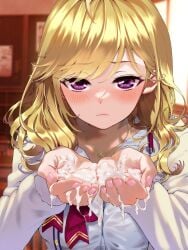 1girl ahoge blonde_hair blush bow bowtie classroom collared_shirt cum cum_on_body cum_on_hands female female_only gyaru highres indoors jacket jewelry long_hair long_sleeves looking_at_viewer medium_hair nail_polish necklace nijisanji open_clothes open_jacket pink_nails pirokitoru purple_eyes red_bow red_bowtie school_uniform shirt signature solo sweater takamiya_rion takamiya_rion_(6th_costume) virtual_youtuber white_sweater