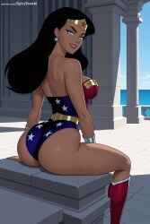 1girl ai_generated ass back bare_shoulders black_hair blue_eyes boots breasts dark_skin dc_comics earrings flag_print from_behind hi_res high_quality high_resolution jewelry knee_boots leotard lips long_hair looking_at_viewer looking_back medium_breasts patreon seductive sexy sitting smile solo spicytoonai star_(symbol) star_earrings star_hair_ornament star_print strapless superhero thighs uncensored watermark web_address wonder_woman
