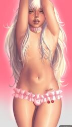 1boy androgynous arms_up balls_in_panties bulge cherries choker crossdressing femboy front_view girly human long_hair male male_only navel nitrile no_bra open_mouth panties penis_in_panties silver_hair solo standing tattoo topless trap white_hair