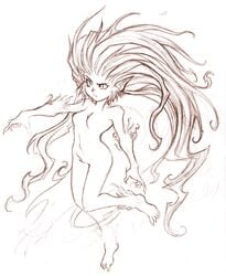 claws esper esper_terra female female_only final_fantasy final_fantasy_vi long_hair lowres monochrome navel pointy_ears sketch solo terra_branford very_long_hair