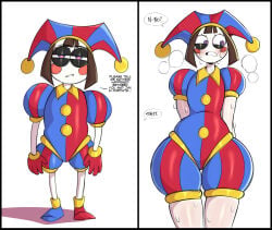 2girls absurd_res blush brown_hair cheek_spots dialogue english_text female female_only fortnite funny jester jester_hat jester_outfit looking_away narrowed_eyes pomni_(the_amazing_digital_circus) saltyxodium sweatdrop text the_amazing_digital_circus two_panel_image white_background white_body wide_hips