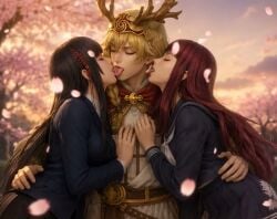 1boy 2girls ai_generated fionn_mac_cumhaill fionn_mac_cumhaill_(megami_tensei) group_kiss group_kissing hifumi_togo itsukishima_sahori kissing persona persona_5 shin_megami_tensei shin_megami_tensei_v shin_megami_tensei_v:_vengeance tagme triple_kiss video