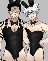 armpit_hair black_hair black_nails blue_eyes bowtie bunny_boy bunny_costume bunny_ears bunnysuit exposed_nipples gay glasses glasses_on_head grey_background jujutsu_kaisen questionable red_eyes ryoumen_sukuna_(jujutsu_kaisen) satoru_gojo smaller_male_larger_male tattoo tattoo_on_arm tattoo_on_chest tattoo_on_legs tattooed_arm tattoos tattoos_everywhere trangen white_hair