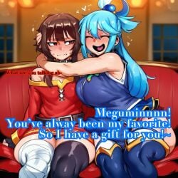 2026 2d 2girls absurd_res absurd_resolution absurdres ai_generated aqua_(konosuba) bandaged_leg bandages bare_shoulders belt big_ass big_breasts big_penis black_choker black_gloves black_thighhighs blue_hair blue_shirt blue_skirt blush breasts brown_hair choker closed_eyes couch dress drunk english_text fingerless_gloves gloves hair_ornament hair_rings heart heart_in_mouth hi_res high_quality high_resolution highres hug image indoors kono_subarashii_sekai_ni_shukufuku_wo! konosuba large_breasts long_hair megumin multiple_girls open_mouth panties patreon patreon_username red_dress red_eyes shiny_skin shirt short_hair short_hair_with_long_locks single_thighhigh sitting skirt smile thighhighs thighs uncensured underwear uni_gens watermark yuri
