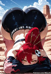 1girl ai_assisted ai_generated all_fours artist_name ass back bangs belt bent_over bikini black_shorts blue_sky blush breasts cloud cloudy_sky curvaceous curvy curvy_female curvy_figure day female gloves hair_ornament long_hair looking_at_viewer looking_back miyuai outdoors pink_legwear ponytail red_hair shiny short_shorts shorts sitting skull_hair_ornament sky solo studded_belt sunlight swimsuit tengen_toppa_gurren_lagann thick thick_ass thick_butt thick_hips thick_legs thick_thighs thighhighs thighs top-down_bottom-up voluptuous voluptuous_female wide_hips wide_thighs yellow_eyes yoko_littner
