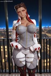 1girl ai_generated apex_legends braid breasts brown_eyes brown_hair choker cleavage dark_skin hi_res high_quality high_resolution large_breasts loba_(apex_legends) looking_at_viewer pants patreon seductive sexy solo spicytoonai uncensored watermark white_pants
