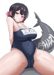 1girls big_breasts blush breasts cameltoe ellen_joe huge_thighs legs_apart looking_at_viewer name_tag one-piece_swimsuit puffy_vulva school_swimsuit sitting_on_ground solo solo_female sukumizu swimsuit thick_thighs unamused wide_hips zenless_zone_zero