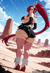 1girl ai_assisted ai_generated ass back bangs belt bikini bikini_top black_bikini black_gloves black_shorts blue_sky boots breasts closed_mouth curvaceous curvy curvy_female curvy_figure day elbow_gloves female flame_print full_body gloves gun hair_ornament high_heel_boots legs long_hair looking_at_viewer looking_back miyuai pink_legwear ponytail red_hair scarf short_shorts shorts sideboob skull_hair_ornament sky smile solo standing studded_belt swimsuit tengen_toppa_gurren_lagann thick thick_ass thick_butt thick_hips thick_legs thick_thighs thighhighs thighs very_long_hair voluptuous voluptuous_female weapon wide_hips wide_thighs yellow_eyes yoko_littner