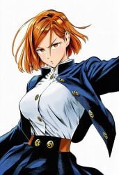 1girls ai_generated arms_at_sides black_clothes black_skirt blue_jacket blue_skirt breasts brown_eyes brown_hair busty buttons clothing curvaceous curvy curvy_figure dutch_angle eyebrows eyelashes facing_viewer female female_focus female_only hair_behind_ear high-waist_skirt high_resolution highres jacket jujutsu_kaisen jujutsu_tech_uniform kugisaki_nobara large_breasts light-skinned_female light_skin lips long_sleeves looking_at_viewer manga_style medium_hair murata_yuusuke_(style) open_clothes open_jacket orange_eyes orange_hair parted_lips portrait school_uniform shiny_clothes shirt shirt_tucked_in short_hair simple_background skirt solo solo_focus standing three-quarter_view uniform v-shaped_eyebrows white_background white_shirt