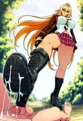 ai_generated anime big_breasts black_tie blazer blonde blonde-haired_female blonde_female blonde_hair blonde_hair_female boot_fetish bootjob boots breasts cfnm cleavage clothed_female_nude_male cum cum_on_boots cumshot deviantart dominant_female erect_penis erection female female_focus female_only femdom hair_between_eyes heel_boots heeled_boots high_heel_boots high_heels lace lace-up_boots laced_boots long_hair loose_necktie necktie nipples_visible_through_clothing nipples_visible_through_shirt school_uniform shikishima_mirei shoejob tie tie_between_breasts upper_body valkyrie_drive valkyrie_drive_-mermaid-