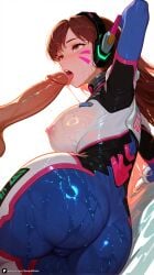 1boy 1girl ai_generated arm_behind_head artist_name ass bangs blizzard_entertainment blue_bodysuit blush bodysuit breasts brown_eyes brown_hair cameltoe d.va d.va_(overwatch) d.va_(overwatch_2_suit) erection explicit facial_mark fellatio headphones hetero large_breasts licking licking_penis long_hair looking_up lying nipples on_side open_mouth oral overwatch patreon penis pilot_suit see-through simple_background skin_tight solo_focus tongue tongue_out uncensored veins veiny_penis wet wet_clothes whisker_markings white_background