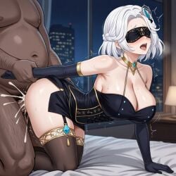 1boy 1girls ai_generated all_fours arm_grab big_breasts blindfold blush cum cum_inside cumdrip dark-skinned_male doggy_style hair_ornament hispanic_virtual_youtuber indie_virtual_youtuber interracial latam_virtual_youtuber looking_pleasured orgasm orgasm_face sex sex_from_behind short_hair tagme_(character) taken_from_behind thighhighs trembling virtual_youtuber white_hair