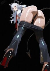 1girl ass ass_focus bent_over black_background black_clothes black_footwear black_gloves black_horns black_panties black_pants blush body_writing breasts cleavage clothes_pull clothing colored_shoe_soles cross cross_earrings demon_girl demon_horns demon_tail earrings enjisd female footwear from_behind from_below gloves hair_between_eyes high_heels horns jewelry large_breasts long_hair looking_at_viewer looking_back necktie open_mouth panties pants pants_pull partially_visible_vulva red_eyes red_necktie shirt shoes simple_background smile solo sweat tail teeth thighs thong underwear upper_teeth_only white_hair white_shirt wuthering_waves zani_(wuthering_waves)
