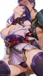 1boy 1girl ai_generated armor artist_name bangs bare_shoulders black_panties blush braid breasts cameltoe cleavage clenched_teeth faceless genshin_impact hetero japanese_clothes kimono large_breasts long_hair mihoyo mole mole_under_eye obi obijime off_shoulder panties parted_lips patreon purple_eyes purple_hair questionable raiden_shogun sash shoulder_armor simple_background squatting teeth thighhighs thighs underwear wet white_background