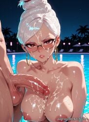 1boy 1girl 2026 ai_generated anime ayase_seiko blush boobs breasts brown_eyes cleavage collarbone completely_nude crossover cum cum_on_body cum_on_breasts cum_on_face dandadan dark_skin earrings ejaculation erection explicit exposed_nipples eye_contact eyelashes facial female female_focus flushed glasses hair_bun heart heart-shaped_pupils hetero highres hoop_earrings huge_breasts jewelry large_breasts large_penis lips looking_at_viewer male mature_female night night_sky nipples nsfw nude outdoors palm_tree parted_lips patreon penis pool poolside rognezart shiny shiny_skin single_hair_bun sky solo solo_focus straight symbol-shaped_pupils testicles uncensored veins veiny_penis water wet white_hair