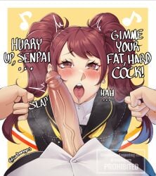 1boy 1girls 2d 2d_(artwork) asking_for_it atlus begging big_penis blush brown_eyes brown_hair clothed clothing cock_worship earrings english english_text female female_focus genitals grabbing_hair hair_grab handlebars hi_res high_resolution highres horny horny_female huge_cock imminent_oral imminent_sex isabongos kujikawa_rise large_penis light-skinned_female light_skin looking_at_viewer looking_up looking_up_at_viewer male male/female male_pov megami_tensei narukami_yu open_mouth penis penis_through_fly persona persona_4 pov saliva school_uniform sega steam straight text tongue tongue_out twintails