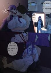 1boy 1girls barefoot biting biting_neck black_coat blood blood_stain blunt_bangs breasts corpse death demon empty_eyes english_text fern_(sousou_no_frieren) gore grabbing_another's_breast groping guro large_breasts letumor long_hair long_sleeves murder necrophilia nude_male_clothed_female purple_eyes purple_hair snuff speech_bubble undressing white_dress